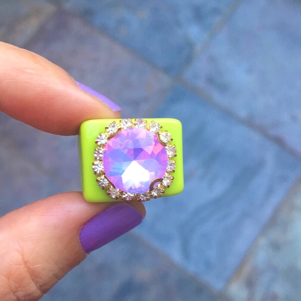 Electric Neon Green + Pink-Purple Opal AB Gold Crystal Halo Statement Ring